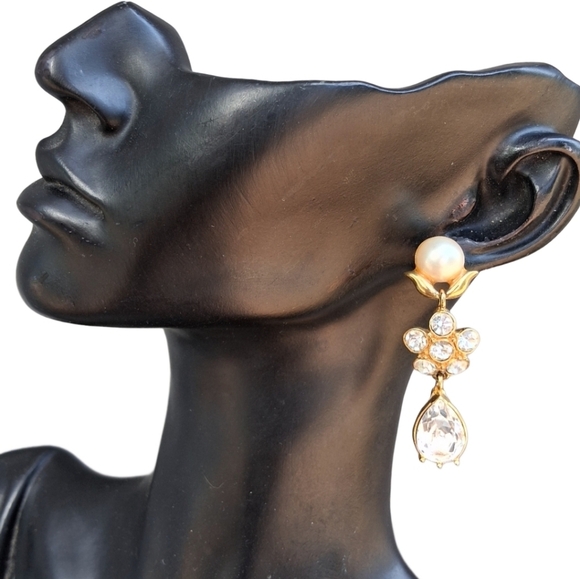 Vintage 1980s Monet Gold Tone Faux Pearl & Rhinestone Drop Earrings - Picture 2 of 5